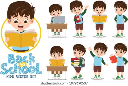 Student male or School Boy character in different poses doing educational activity like reading book, holding book, using computer. Flat cartoon style vector illustration isolated on white background.