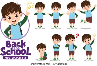 Student male or School Boy character in different poses doing educational activity like presenting, talking and thinking. Flat cartoon style vector illustration isolated on white background.