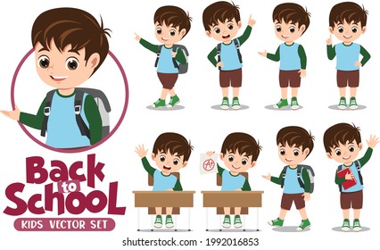 Student male or School Boy character in different poses doing educational activity like presenting, talking and thinking. Flat cartoon style vector illustration isolated on white background.