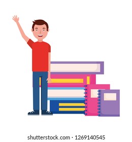student man hand up with books