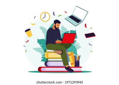 Student man with laptop studying on online course. Online education concept. Vector illustration. Flat.