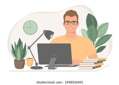 Student man learns using online courses, freelancer working from home. Freelance,  studying or online education, homeschooling concept. Vector flat style illustration. 