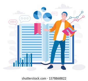 Student Man Reading, Learning Business Analytics, E Learning, Data Analytics Online Course. Vector Illustration For Web Banner, Infographics, Mobile. Tutor Offering Internet Lesson 