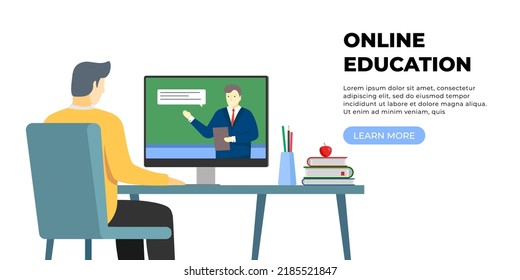 Student Man Remote Learning And Online Education At Home. Boy Sitting At Desk With Books And Studying On Computer. Internet Teaching Landing Page Concept. E-learning Website Vector Eps Illustration