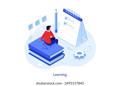 Student man sitting on textbooks near notebook. Learning concept isometric vector illustration. Male student planning education process with stationery cartoon character colour composition