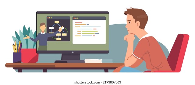 Student man studying online watching programming lecture on desktop computer. Person learning coding by video call webinar at home. Distance web development education concept flat vector illustration