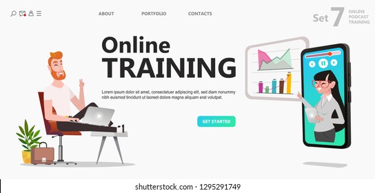 Student man watching online lecture with professional talking from tablet. Podcast courses, audio and video recording, class recording access concept, violet palette. Website landing web page - Vector