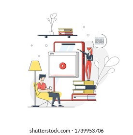 Student man watching online lecture with professional talking from phone. Podcast courses, audio and video recording, class recording access concept, violet palette. Vector geometric illustration