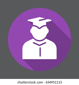 Student in mantle and graduation cap flat icon. Round colorful button, circular vector sign with long shadow effect. Flat style design