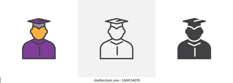 Student in mantle and graduation cap icon. Line, glyph and filled outline colorful version, Graduate student outline and filled vector sign. Symbol, logo illustration. Different style icons set.