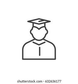 Student in mantle and graduation cap outline icon, line vector sign, linear style pictogram isolated on white. Symbol, logo illustration. Editable stroke. Pixel perfect