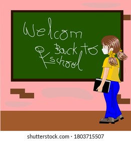 Student with mask entering class, on her first day of school.