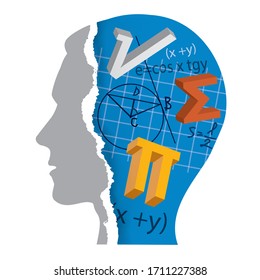 Student of Mathematics, education concept.
Torn paper stylized male head with mathematics symbols and notes. Vector available.