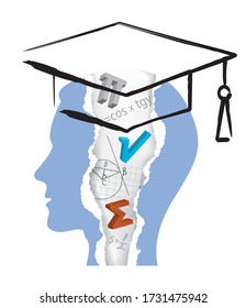 
Estudiante de Matemáticas con mortero.
Papel despedazado estilizó la cabeza masculina con fragmentos de papel desgarrado con símbolos matemáticos y una tabla de mortero dibujada con pincel. Vector disponible.