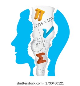 Student of Mathematics silhouette, ripped paper, education concept.
Torn paper stylized male head with ripped paper fragments with mathematics symbols, formulas and notes. Vector available.