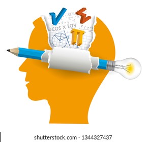 Student of mathematics, Smart solutions concept. 
Stylized Male Head silhouette with mathematics symbols and pencil with bulb. Vector available.