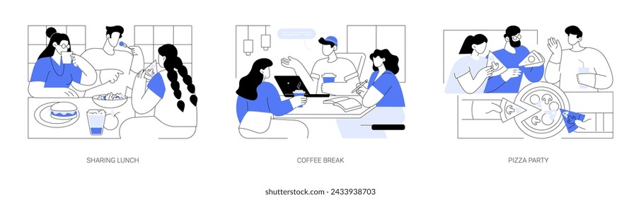 Student meals isolated cartoon vector illustrations set. Group of happy teens eating lunch together in dining room, young people have coffee break at college, campus pizza party vector cartoon.