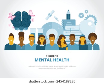 Concepto de salud mental estudiantil con un grupo demográficamente diverso de estudiantes felices. Ideal para carteles, Anuncios o cabeceras de Web