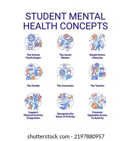 Student mental health concept icons set. Physical activity and nutrition idea thin line color illustrations. Counseling. Isolated symbols. Editable stroke. Roboto-Medium, Myriad Pro-Bold fonts used