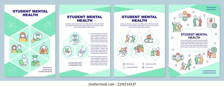 Student mental health mint brochure template. School counselor. Leaflet design with linear icons. Editable 4 vector layouts for presentation, annual reports. Arial-Black, Myriad Pro-Regular fonts used