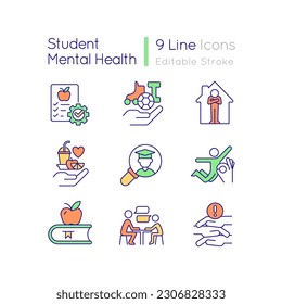 Student mental health RGB color icons set. Comfortable learning environment. Isolated vector illustrations. Simple filled line drawings collection. Editable stroke. Quicksand-Light font used