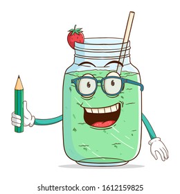 Student of milkshake cartoon character holding a pencil with funny smile face