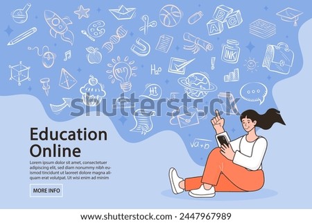 Student with mobile phone studying on online course. studying on internet. Student studying online. distance education. Welcome back to school. E-learning platform. Vector outline illustration
