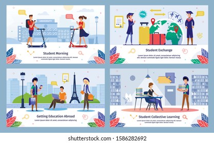 Student Morning, Education Abroad Exchange Program, Collective Learning Trendy Flat Vector Banners, Posters Set. Female, Male Students Riding Scooters, Traveling World, Visit Library Illustration