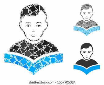 Student mosaic of abrupt items in different sizes and color tints, based on student icon. Vector tremulant items are organized into mosaic. Student icons collage with dotted pattern.