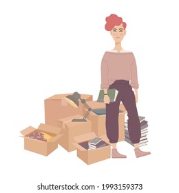 Student moving or leaving homes. Student pack belongings and relocating to new apartments, dormitory, student hostel. Flat vector cartoon illustration isolated on a white background.