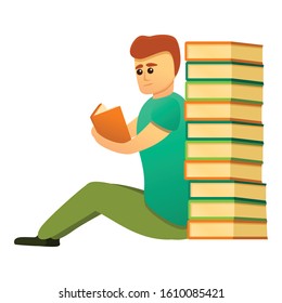 Student near book stack icon. Cartoon of student near book stack vector icon for web design isolated on white background
