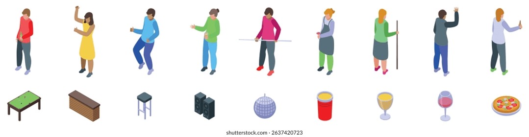 Student nightlife icons set. Isometric set of people enjoying nightlife activities, including dancing, playing billiards, and socializing while having drinks and food