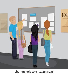 Student At Notice Board In College - Vector Illustration, Graphic Design Editable For Your Design 