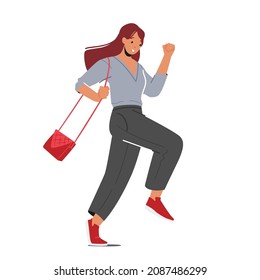 Student, Office Worker, Businesswoman Character Hurry, Running Girl with Handbag Late at Bus, Shopping Sale, Work or University due to Oversleep or Traffic Jam. Cartoon People Vector Illustration