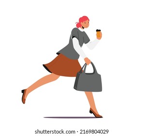 Student, Office Worker, Businesswoman Character Hurry. Running Girl with Disposable Coffee Cup in Hand Late at Work or University due to Oversleep or Traffic Jam. Cartoon People Vector Illustration