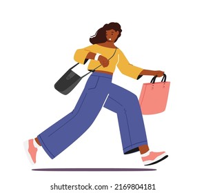 Student, Office Worker, Businesswoman Character Hurry, Running Girl with Handbag Late at Bus, Shopping Sale, Work or University due to Oversleep or Traffic Jam. Cartoon People Vector Illustration