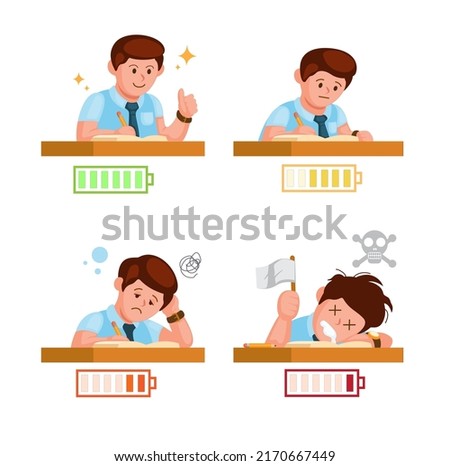 Student or office worker with stamina condition meter character set illustration vector