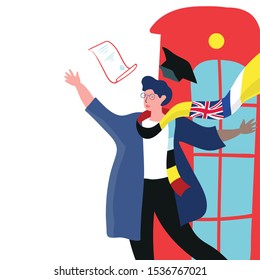 Student on the background of an English telephone box