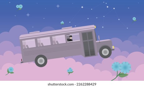 Student On a Bus Flying Across The Blue Hour Sky With Blue Chrysanthemums Fantasy Vector Illustration