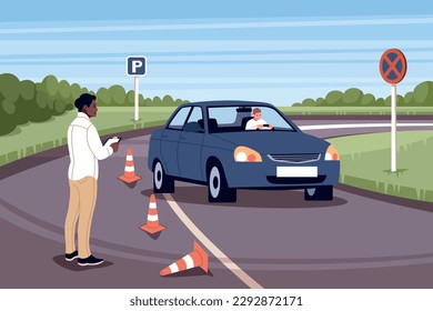 Student on driving school test. Practical driving lesson, downed cones, instructor makes notes, driver guy in car on road. City landscape cartoon flat style isolated vector concept