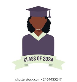 A student on graduation day in blue graduation uniform. Class of 2024. Vector faceless black afro woman, female silhouette illustration white isolated background