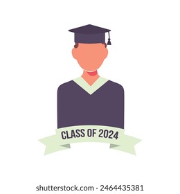 A student on graduation day in blue graduation uniform. Class of 2024. Vector faceless man, male silhouette illustration white isolated background