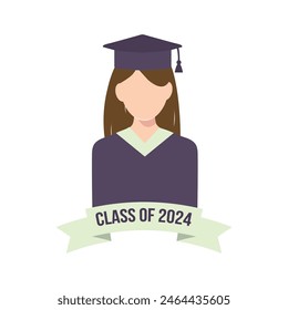 A student on graduation day in blue graduation uniform. Class of 2024. Vector faceless woman, female silhouette illustration white isolated background