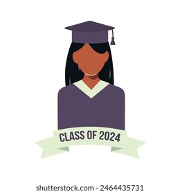 A student on graduation day in blue graduation uniform. Class of 2024. Vector faceless black woman, female silhouette illustration white isolated background