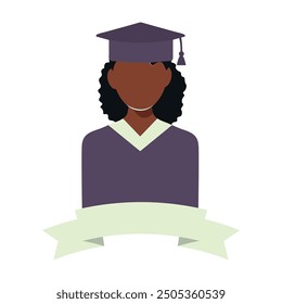 A student on graduation day in blue graduation uniform. Vector faceless black afro woman, female silhouette illustration white isolated background