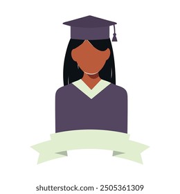 A student on graduation day in blue graduation uniform. Vector faceless black woman, female silhouette illustration white isolated background