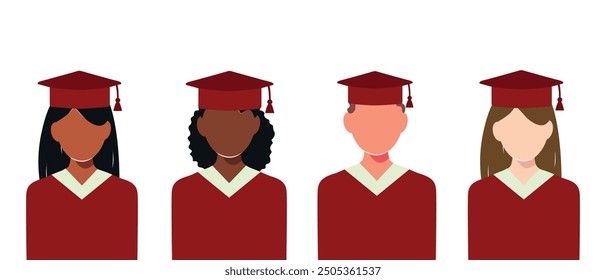 Student on graduation day in red graduation uniform. set. Vector faceless woman and man, female and male silhouette illustration