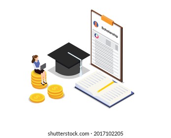 Student on laptop applying for a scholarship isometric 3d vector concept for banner, website, illustration, landing page, flyer, etc.