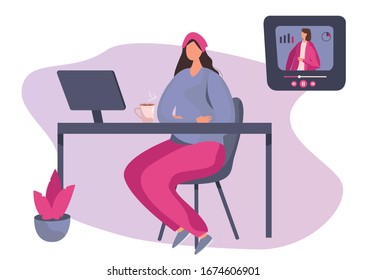 Student on Online Courses.Girl Freelancer Working at Home, Learning Languages and Watching Webinar with a Cup.Online Education.Online Teacher on Computer Monitor. Vector Flat illustration.