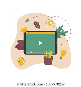 Student on online lesson with tablet from home. Online education concept